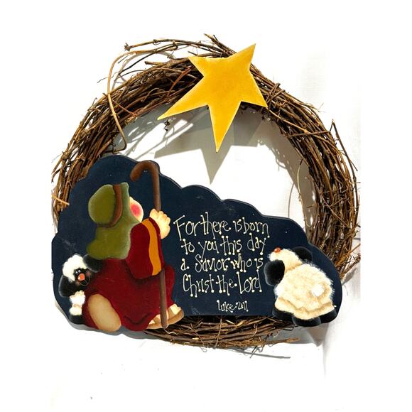 Nativity Shepard star of Bethlehem Jesus handmade Christmas Wooden Wreath 14” - Picture 1 of 5